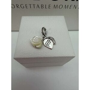 Pandora White Rose Charm with Leaf & Stone – S925 Sterling Silver